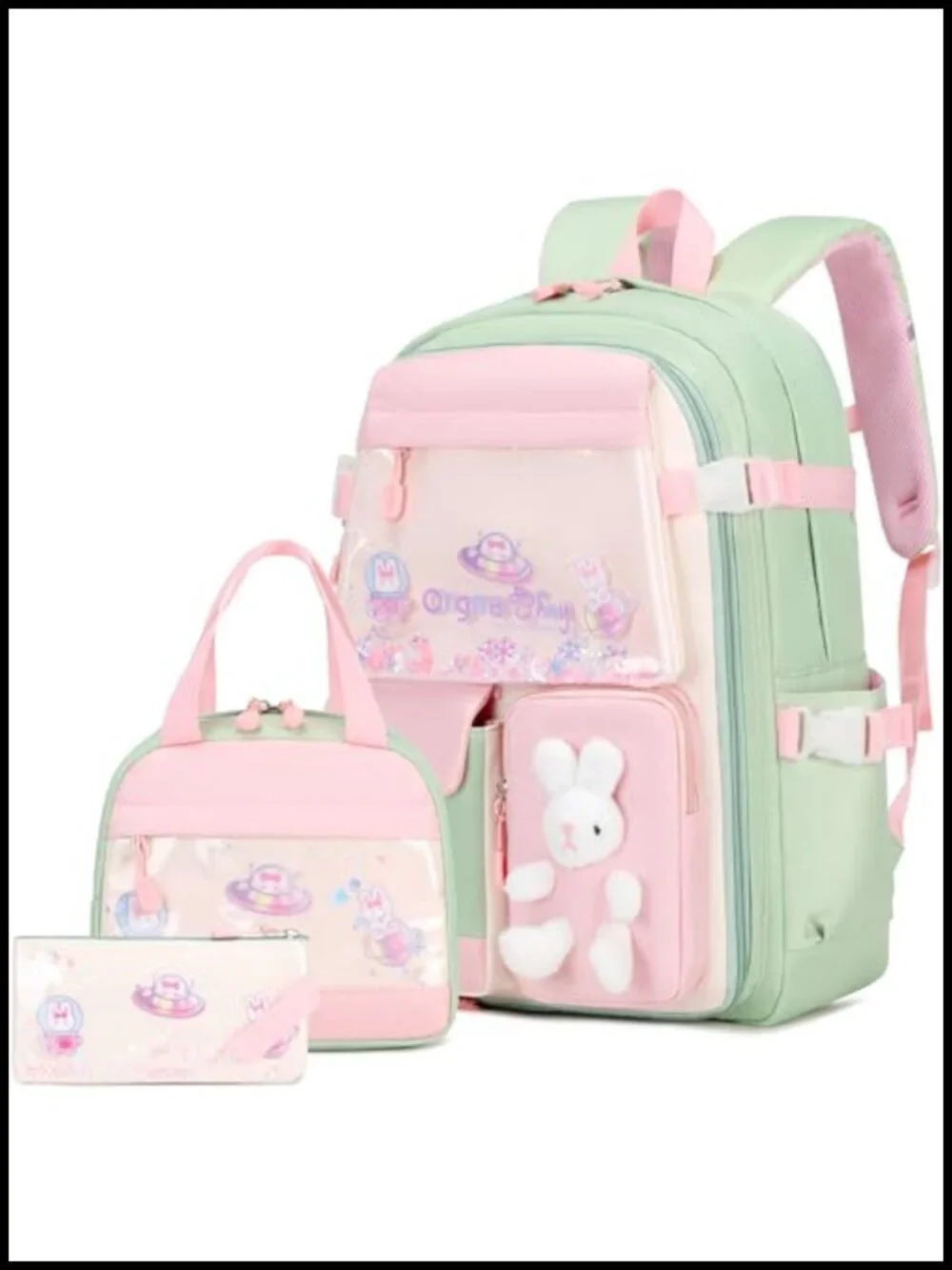 Girls Backpack Set with Lunch Box & Pencil Case, Kawaii Bunny School Bookbag,